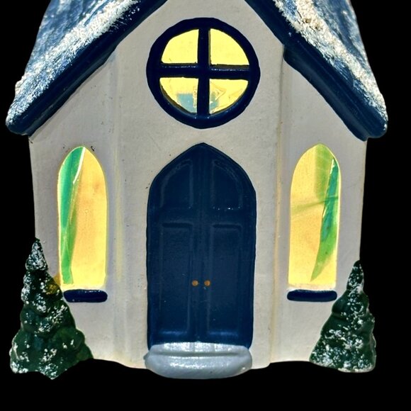 Vintage Christmas Village Snowy Church Chapel 2 Piece Lighted Blue White 11.5" - Picture 2 of 12